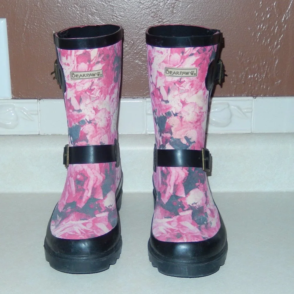 BearPaw Rain Boots Charlie Pink Gray Black Rubber Pull On Strap Buckle 6